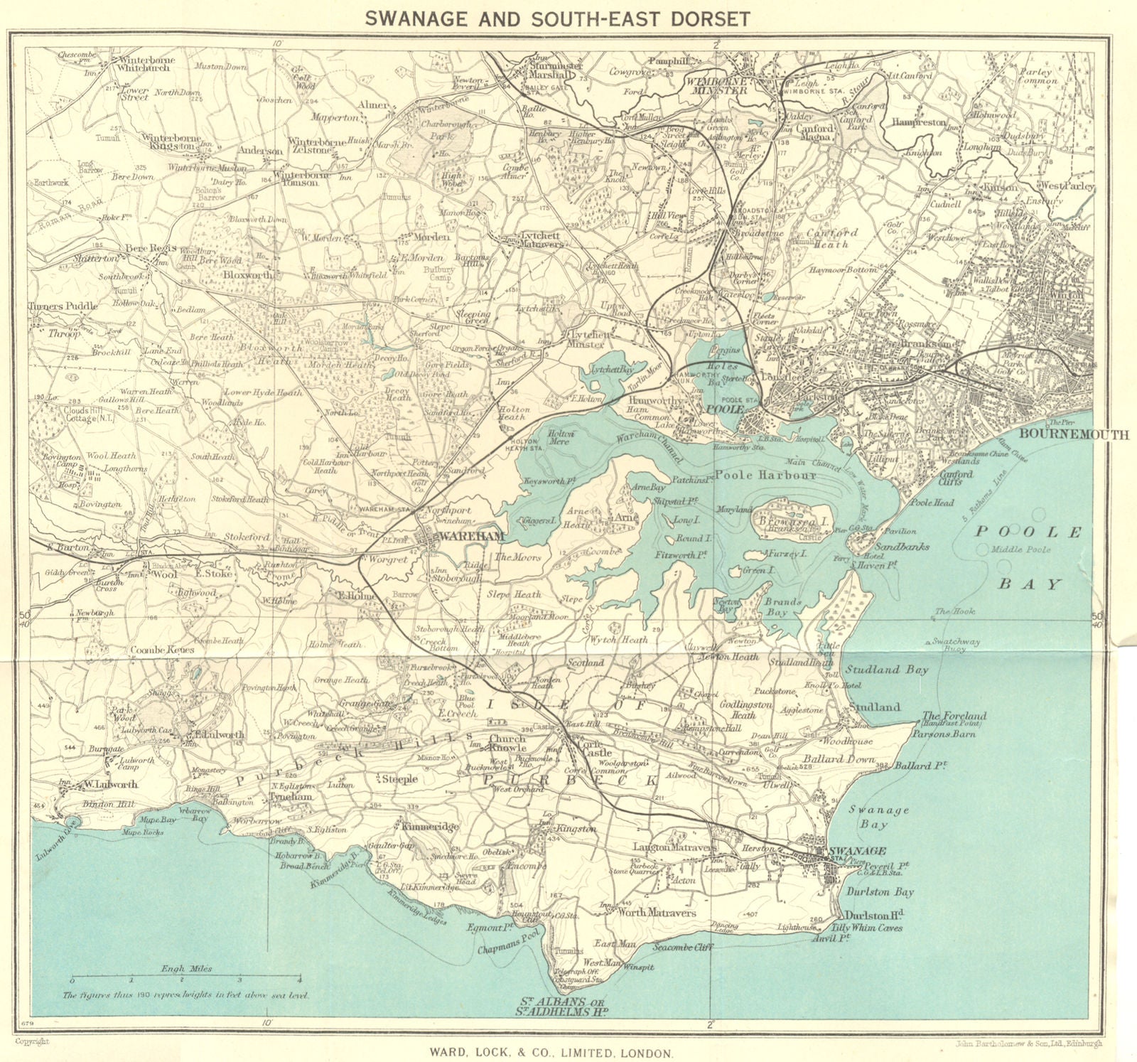 SOUTH-EAST DORSET. Isle of Purbeck Poole Harbour Wareham Bournemouth 1950 map